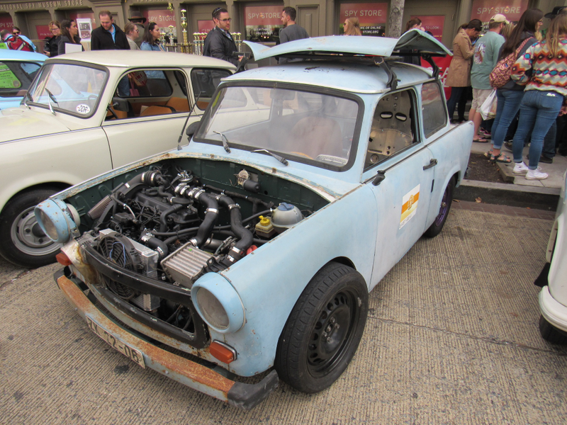 This guy had swapped out the original two-cylinder engine for a turbo I-4 from a VW Jetta. Other modifications had turned the little Trabi into a full-fledged racer.